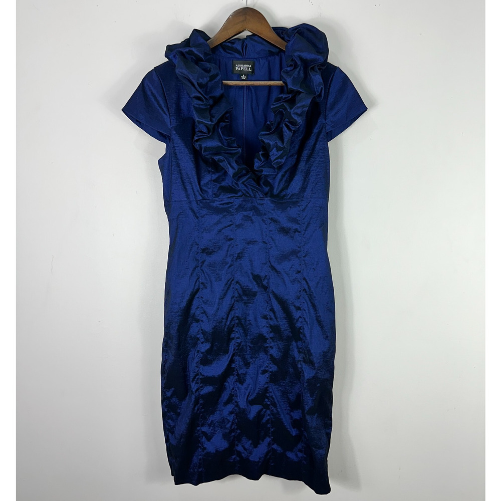 Adrianna Papell Satin Sheath Dress Womens 8 Blue Ruffle Wedding Guest Glam‎